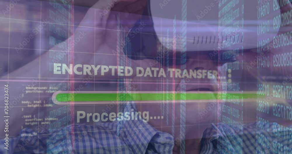 Poster animation of data processing over senior caucasian man using vr headset