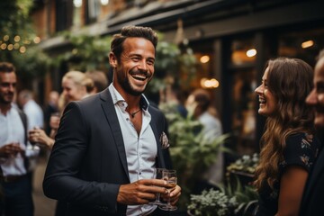 Vibrant outdoor business gathering, where participants interact with drinks in hand, fostering new relationships and opportunities, Generative AI - obrazy, fototapety, plakaty