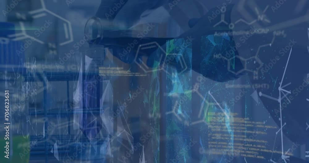 Poster animation of chemical formula and data processing over caucasian scientist holding beaker in lab