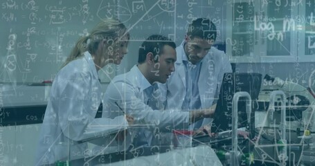 Animation of mathematical equations over diverse scientists working in lab - Powered by Adobe