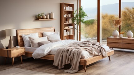 Beige bed and blanket next to stylish wooden wardrobe in elegant bedroom