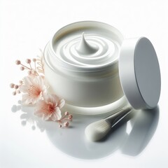 White cosmetic cream with makeup products and flowers Isolated on White Background