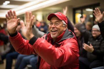 Employees engaged in a friendly game of holiday-themed charades at the office Christmas party, Generative AI