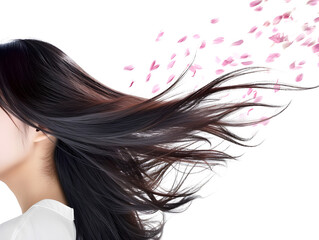 風に舞う花びらと美しい髪のアジア系女性 - obrazy, fototapety, plakaty