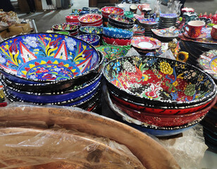 Decorative handmade ceramic plates in Istanbul grand bazaar market. Turkey