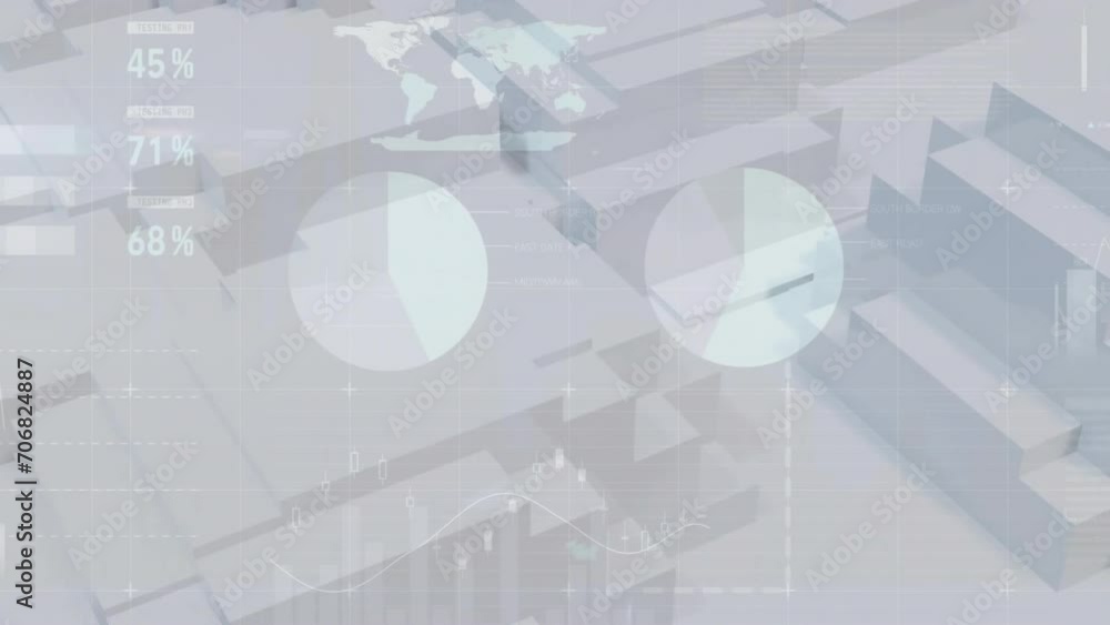 Poster animation of financial data processing over moving shapes