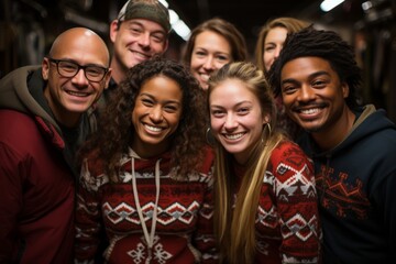 Office colleagues wearing ugly Christmas sweaters and posing for a fun group photo during their holiday party, Generative AI - obrazy, fototapety, plakaty