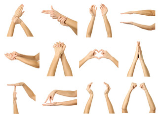 Multiple images set of female caucasian hand gestures with french manicure