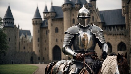 Fototapeta premium A medieval knight in shining iron armor, mounted on a horse, in front of a historic castle Generative AI