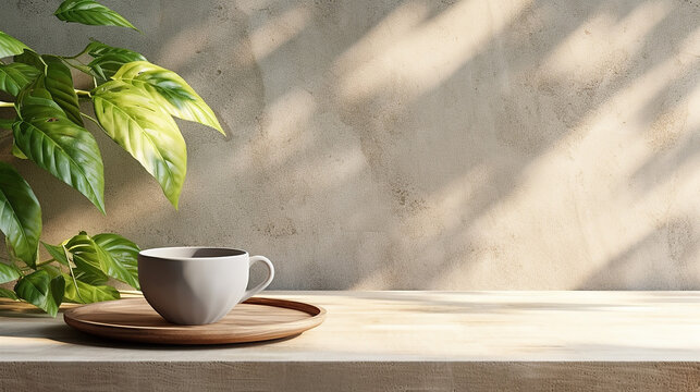 wooden table with rattan top white coffee cup with tree and sunlight