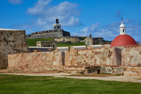 Puerto Rico fort in San Juan with old world walls and tunnels on a beautiful blue sky day