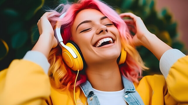 A happy smiling teenage girl wearing headphones, listening to her favorite music.