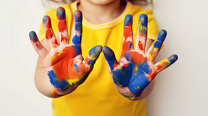 Obraz premium The child draws with finger paints, develops imagination and finger motor skills.