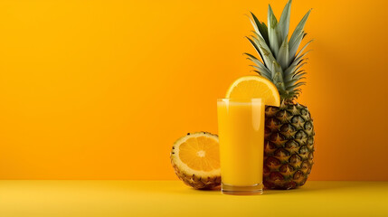 Pineapple juice in a glass with orange and fresh fruit on an orange background.