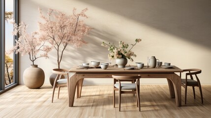 Korean style dining room interior, beige, designed wooden table and chairs, flower vase, elegant accessories