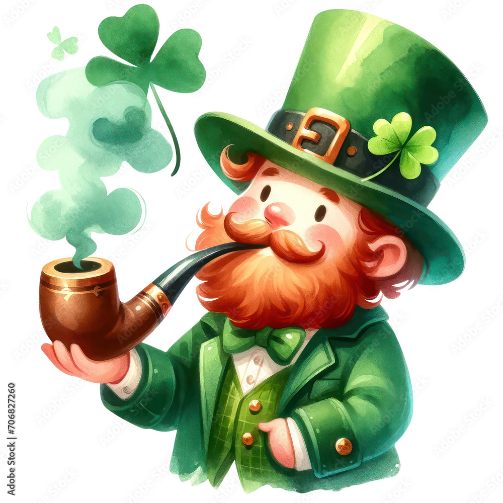 Wall mural st patrick's day, cute leprechaun smoking cigar pipe in st patrick's day theme png clipart