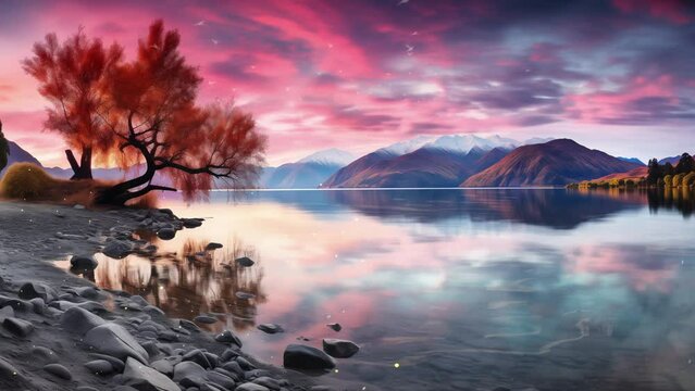 lake wanaka panorama. beautiful nature background. seamless looping overlay 4k virtual video animation background 