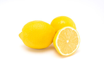 Close up cut in half of lemon isolated on white background. copy space.