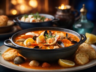 French bouillabaisse stew, full of Mediterranean seafood and tomatoes, cinematic food photography 