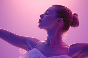 A woman practicing ballet, with a soft pastel violet background.