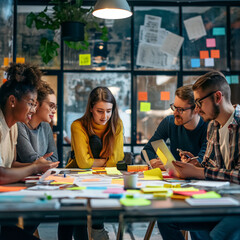 Fototapeta premium Image generated by AI, group of young businessmen brainstorming plans in a modern office.