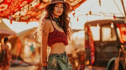 Festival Frenzy Make a statement at Coachella with a tiedye flowy cargo skirt, a crochet cropped camisole, and chunky espadrilles for a fun and trendy outfit. - obrazy, fototapety, plakaty