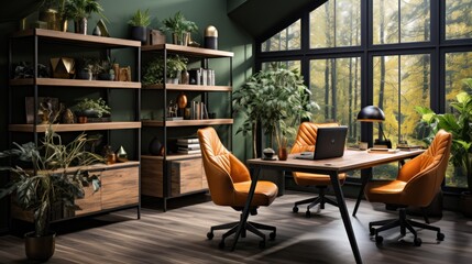 Stylish and botanical office room interior, wooden table, chairs, plants, windows, paintings - obrazy, fototapety, plakaty