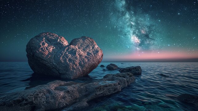 A heart-shaped rock formation in the middle of a tranquil sea, under a starry night sky, symbolizing love and compassion in social justice