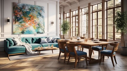 stylish and eclectic dining room with paintings, chairs, tables, lamps and sofas. White walls,...