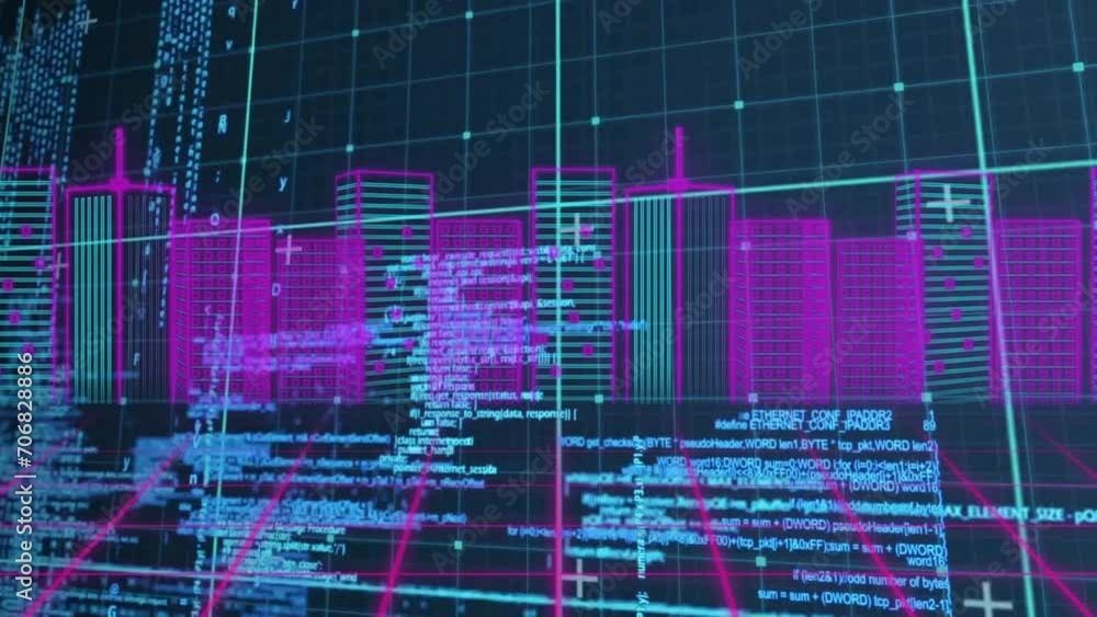 Poster Animation of data processing over digital cityscape on black background