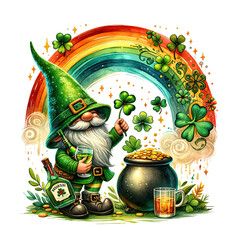 St. Patrick's Day Rainbow Gnome Clipart - Hand-Drawn Lucky Gnomes and Pot of Gold