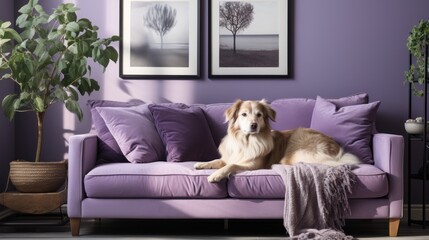 modern Scandinavian style living room with purple sofa, table, lamp, abstract painting. Dog on the sofa.