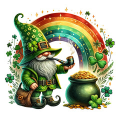St. Patrick's Day Rainbow Gnome Clipart - Hand-Drawn Lucky Gnomes and Pot of Gold - obrazy, fototapety, plakaty