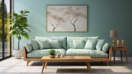 stylish living room with sofa, wooden console, table, lamps, plants, paintings, decorations