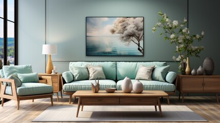 stylish living room with sofa, wooden console, table, lamps, plants, paintings, decorations