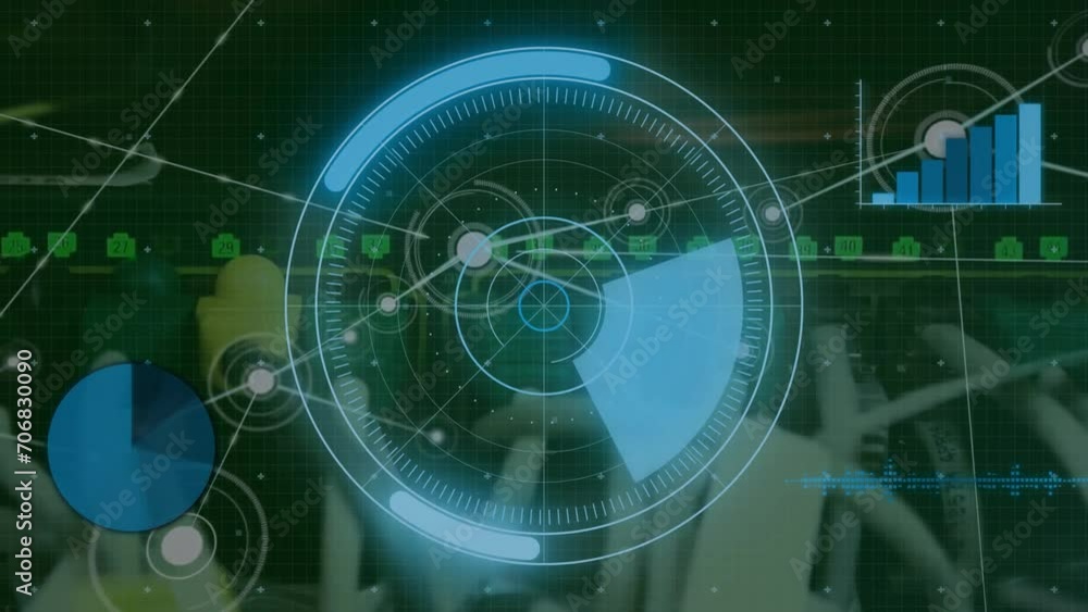 Poster animation of blue scanner processing data and communication network over computer server