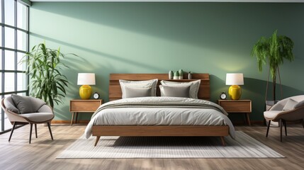 Stylish room interior with bed, sofa, cabinet, shelves and plants near blue green wall