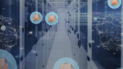 Animation of floating email icons and global networks processing data over computer server room - Powered by Adobe