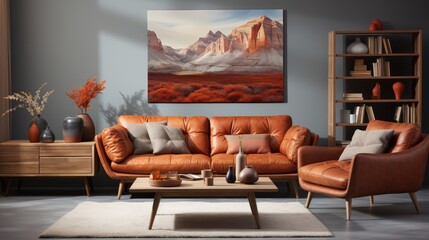 stylish Scandinavian living room with brown sofa, retro wooden table, decorations and elegant accessories.