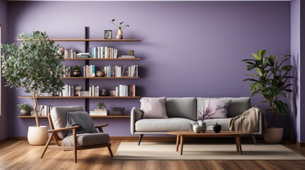 Scandinavian living room with design furniture, plants, bookshelves and wooden table. purple walls.