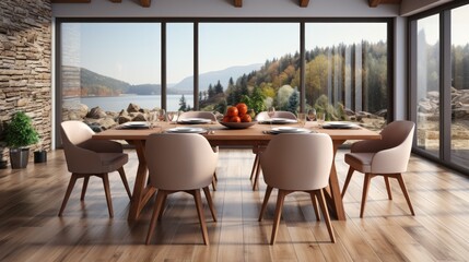 Stylish wooden dining table and chairs in dining room with window.