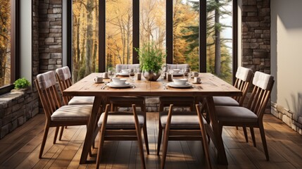 Stylish wooden dining table and chairs in dining room with window.
