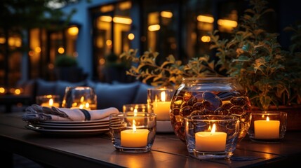 Terrace on a summer evening with candles, wine and lamps on the table