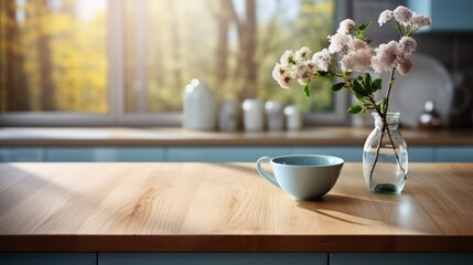 Background of empty space table and window in bright kitchen with vase and flowers