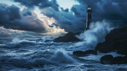 A lone lighthouse standing resilient against crashing waves, symbolizing guidance and hope in the tumultuous journey towards social justice, during a stormy twilight.
