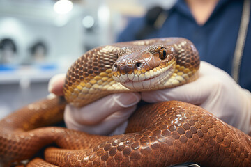 Fototapeta premium A delighted snake calmly coiled on a veterinarian's arm, showcasing the expertise and confidence of professionals in handling various types of pets.