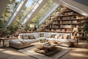 Obraz na płótnie Canvas cozy, sunlit attic living room with a large sectional sofa, an expansive bookshelf, wooden furniture, and a glass ceiling revealing a forest outside.