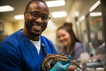 A happy reptile owner observing their snake being handled by a skilled veterinarian, fostering a sense of trust and camaraderie in the clinic.