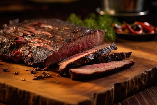 A closeup shot of a rich, meaty brisket reveals a generous bark created by a masterful blend of es, teasingly hinting at the bold flavors within. The interplay between the savory crust and