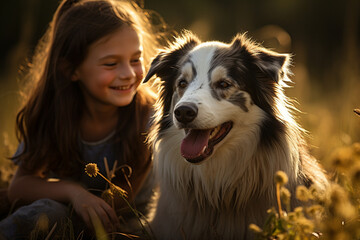 A joyful Border Collie and its elated owner sharing a moment of playfulness in a sun-drenched backyard, the bond between pet and human palpable.